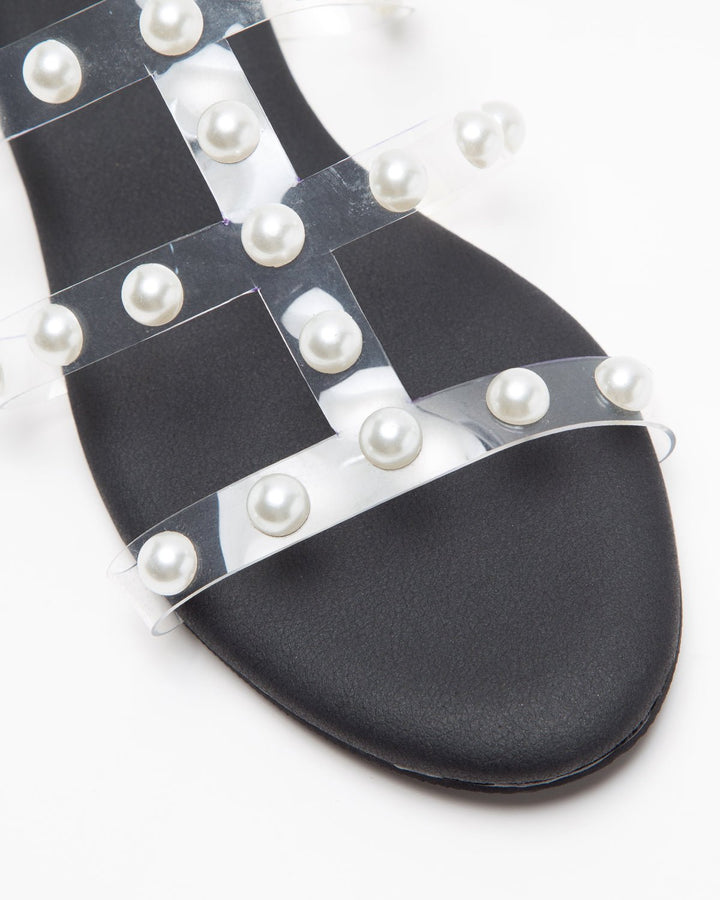 3 Strap Pearl Embellished Black Flats - WindlustFlats