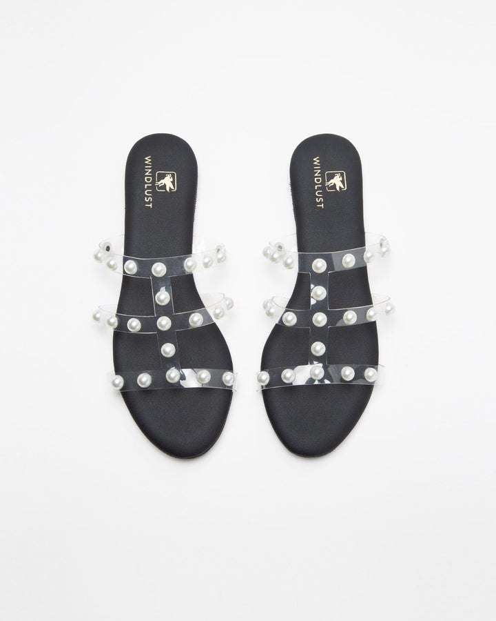 3 Strap Pearl Embellished Black Flats - WindlustFlats