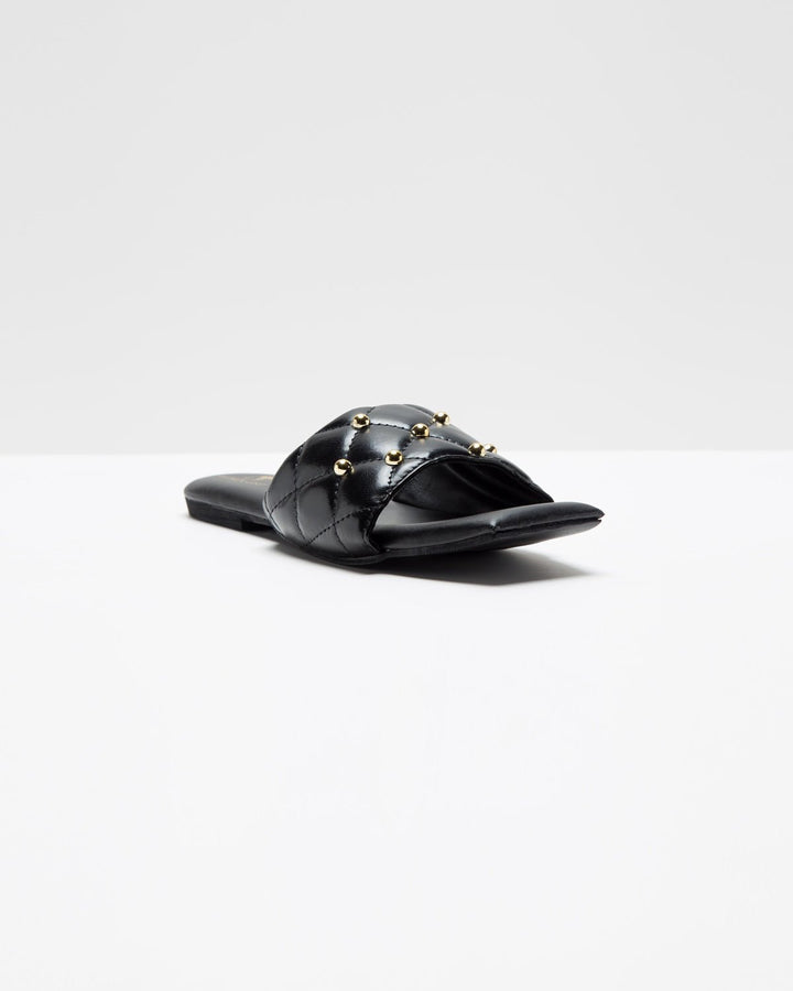 Black Studded T - Shaped Flats - WindlustFlats