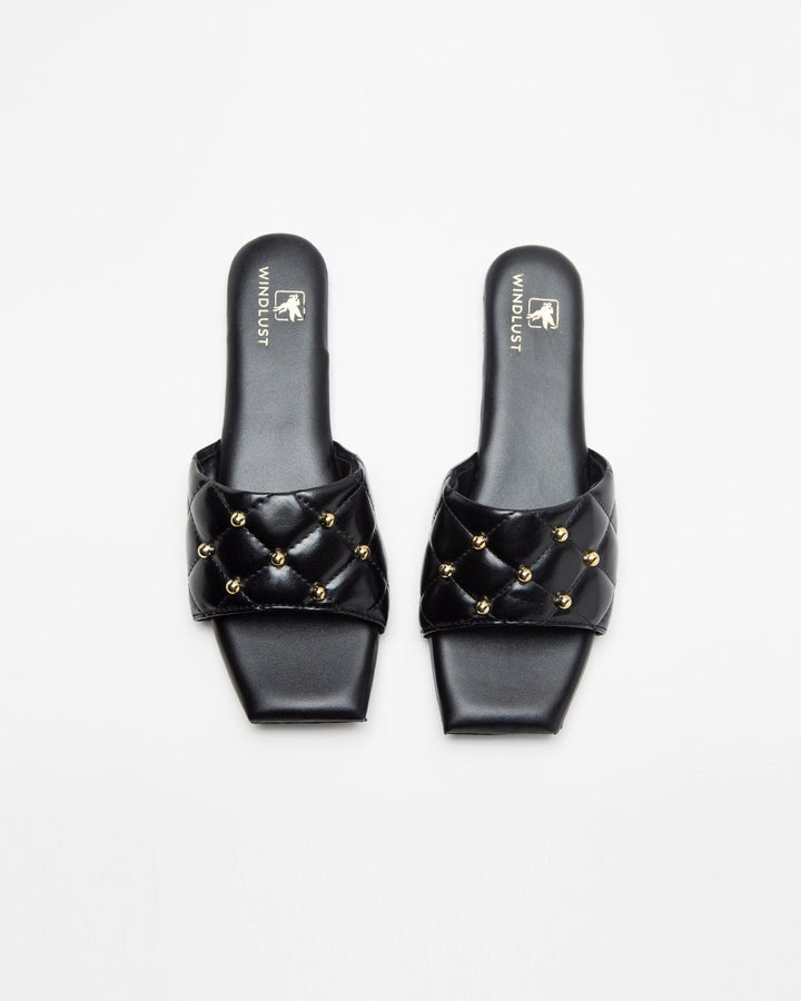 Black Studded T - Shaped Flats - WindlustFlats