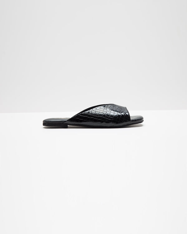 Ergo Croc Leather Pattern Black Flats - WindlustFlats