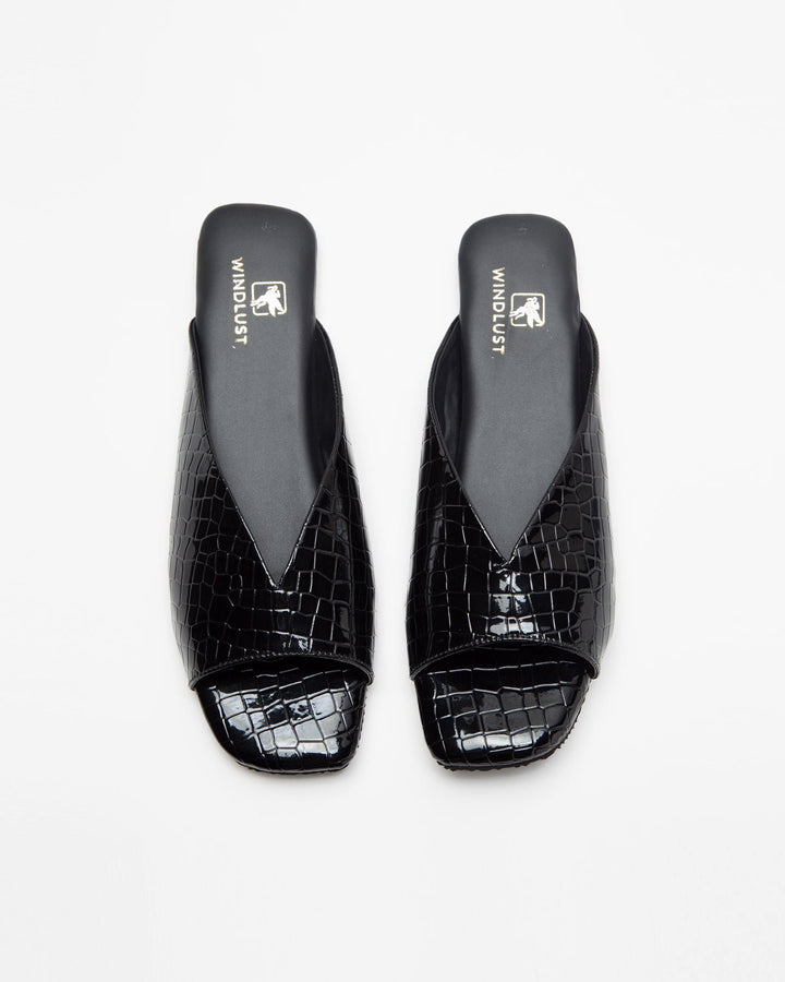 Ergo Croc Leather Pattern Black Flats - WindlustFlats