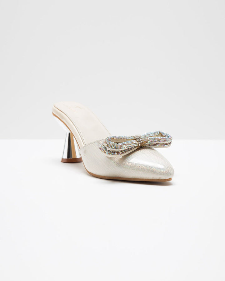 Metallic Cream Embellished Bow Heels - WindlustHeels