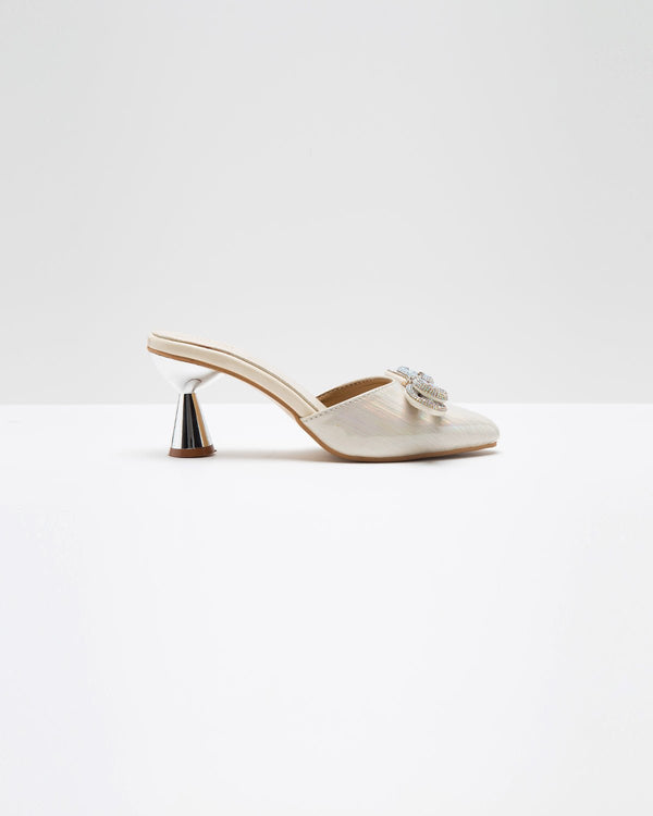 Metallic Cream Embellished Bow Heels - WindlustHeels