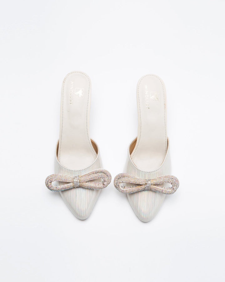 Metallic Cream Embellished Bow Heels - WindlustHeels