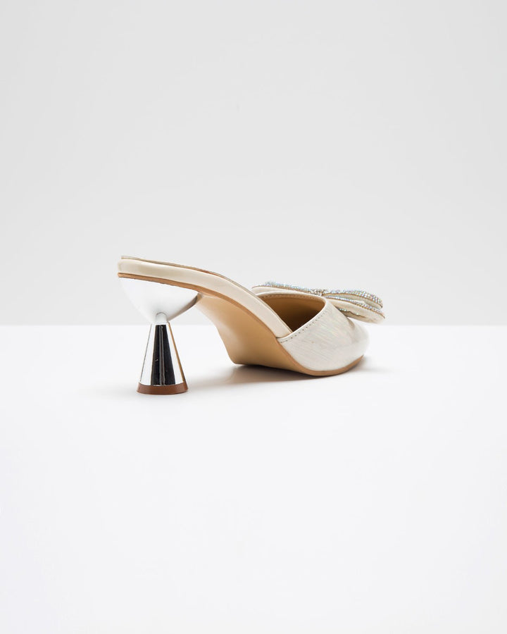 Metallic Cream Embellished Bow Heels - WindlustHeels