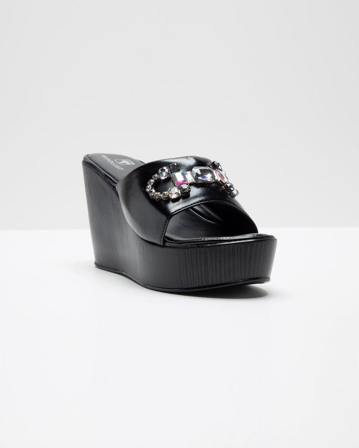 Stone Embellished Wedges - Black - WindlustWedges